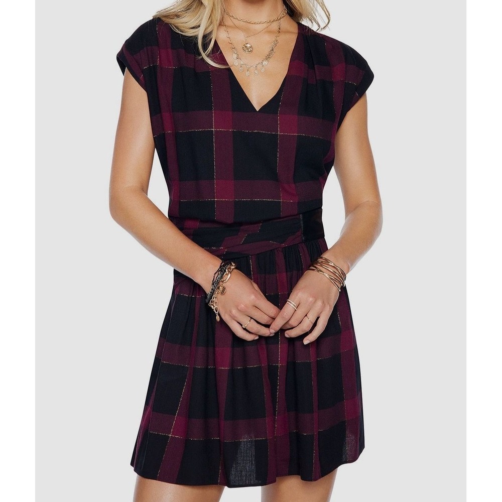 Ramy Brook Burgundy Black Plaid Metallic V-Neck Mini Dress Size Small